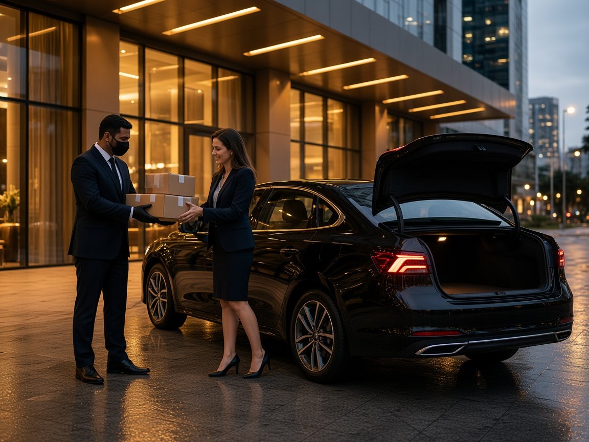 Motorista executivo entregando encomendas na entrada de um edifício