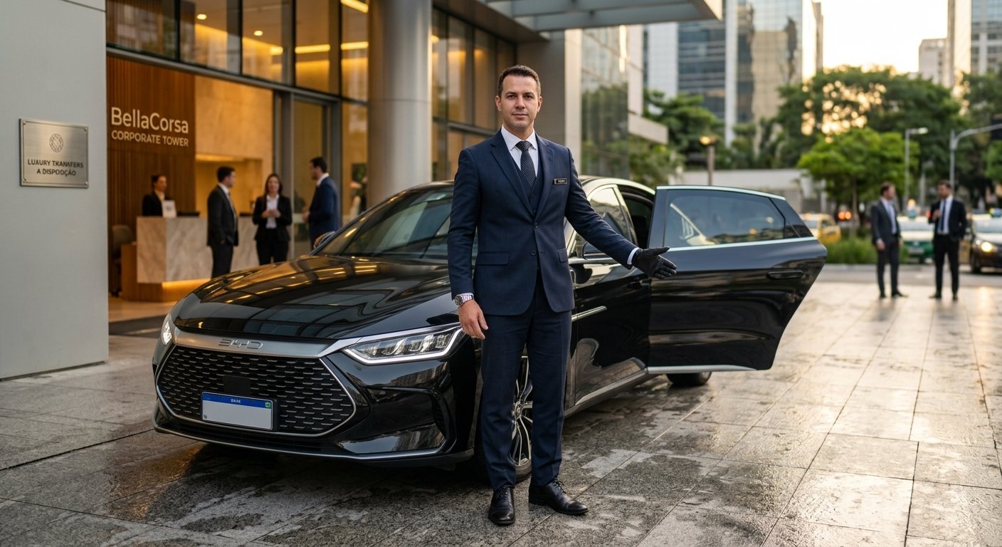 Sedan eletrificado em frente a um hotel