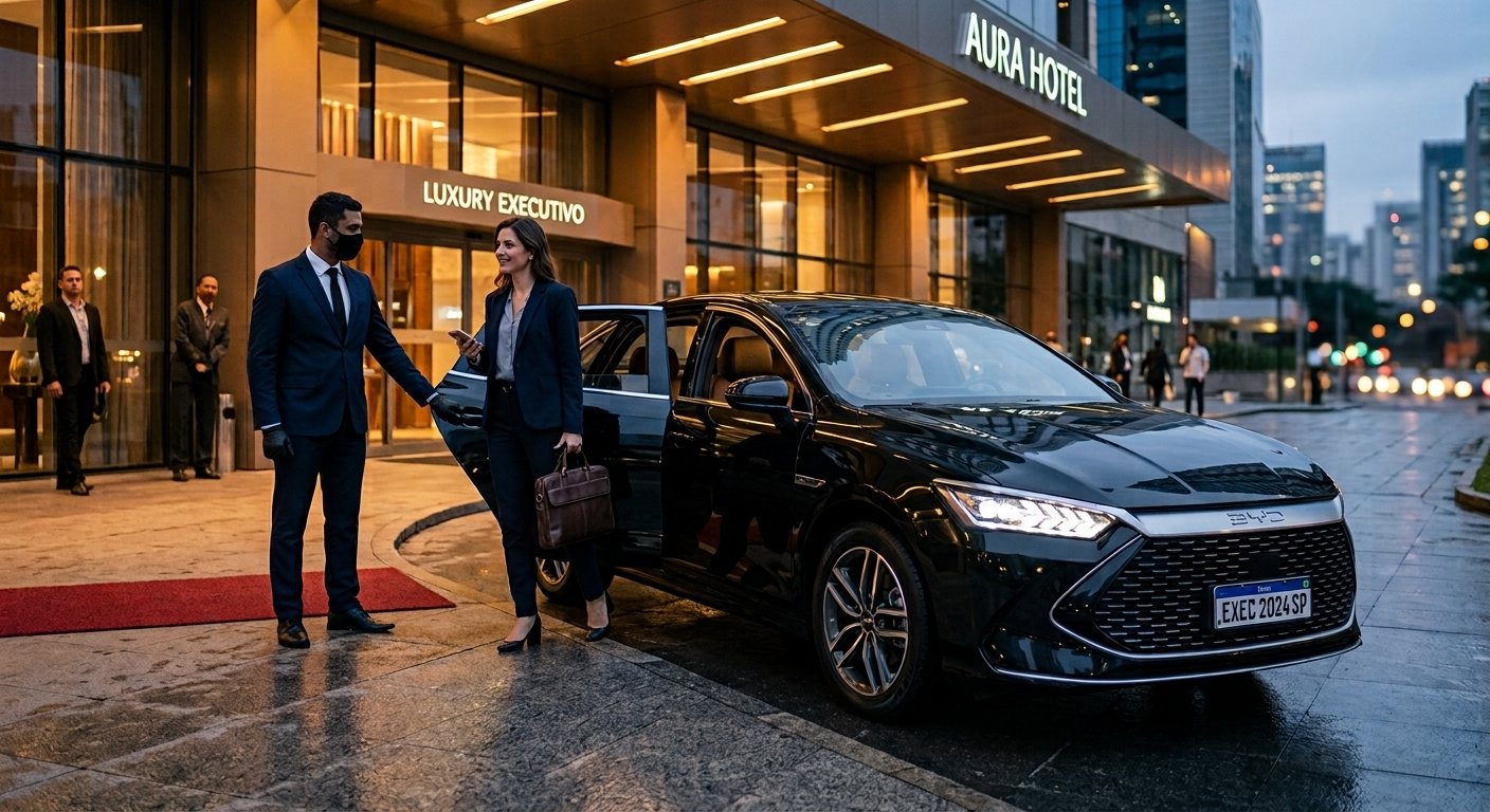 Sedan executivo eletrificado em frente a um hotel
